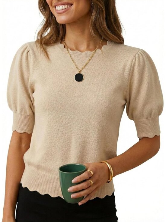 Sweaters - Women's Beige Short Sleeve Imported Pull On Casual Crew Neck Sweater